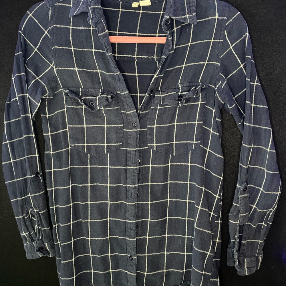 Navy Blue Checkered Button-Up Shirt